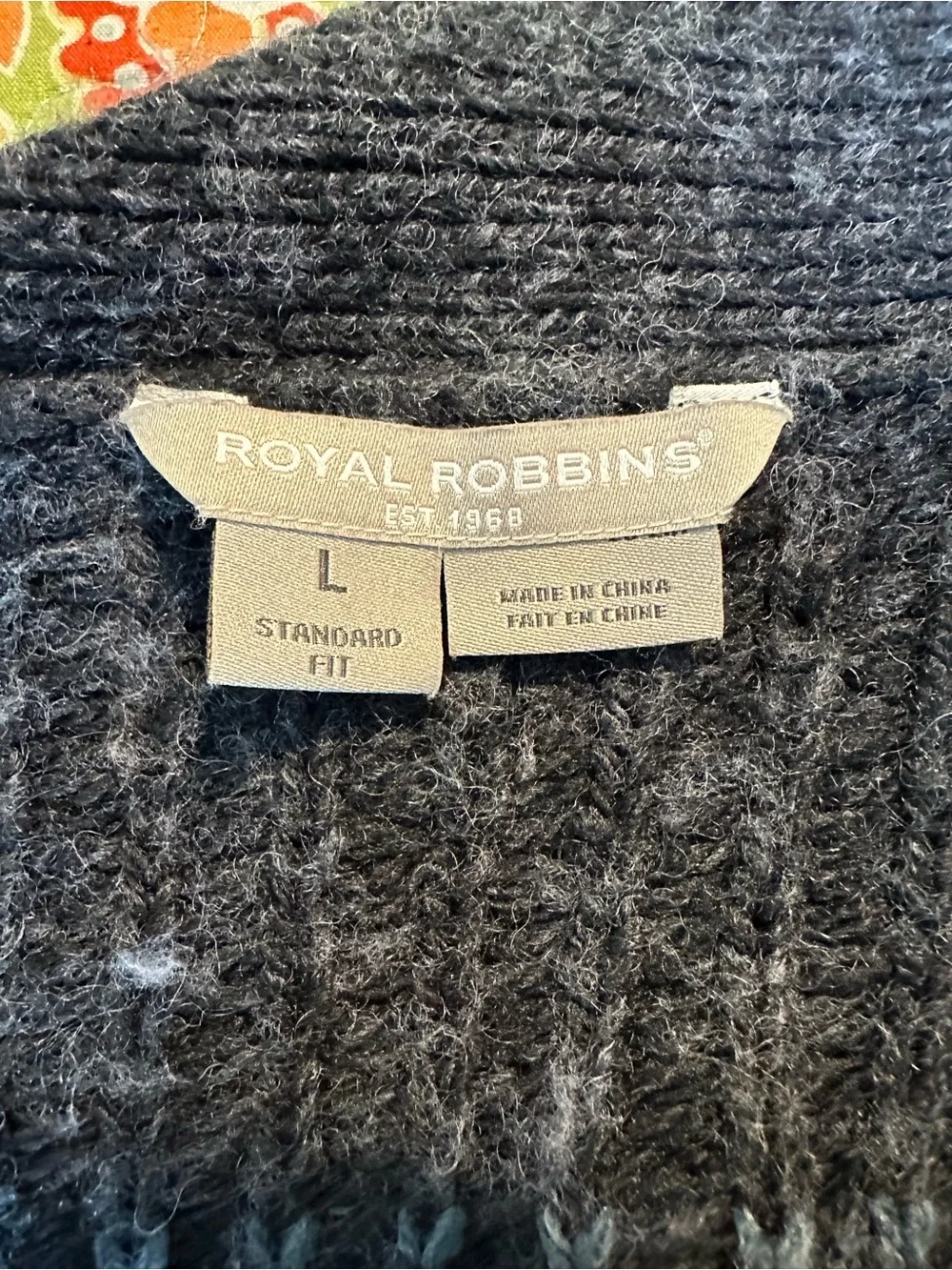 Royal Robbins Navy Cardigan with Tan and Rust Fair Isle Detail